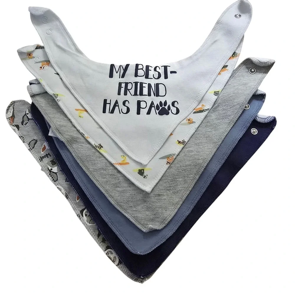Modern Baby Bandana Bibs Set of 6 Dog Theme Blue Grey White Cotton Blend Snaps